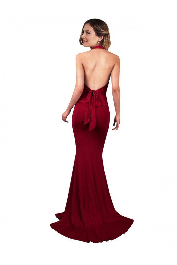 Halter Mermaid Plunge V-Neckline Open Back Bow Tie Formal Spandex Bridesmaid Dress / Prom Dress