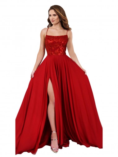 Lace Over Bodice Long Spandex Bridesmaid Dress / Prom Dress with Slit