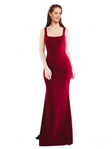 Square Neckline and Backline Fitted Formal Crepe Bridesmaid Dress / Prom Dress