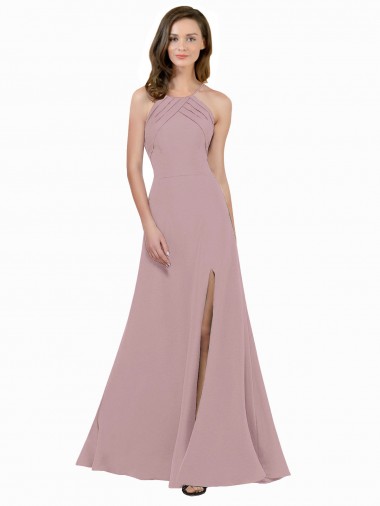 High Neck Crepe Bridesmaid Dress / Prom Dress with Pleats and Keyhole Back