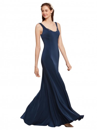 Fit and Flare Long Formal Crepe Bridesmaid Dress / Prom Dress with Round Neck