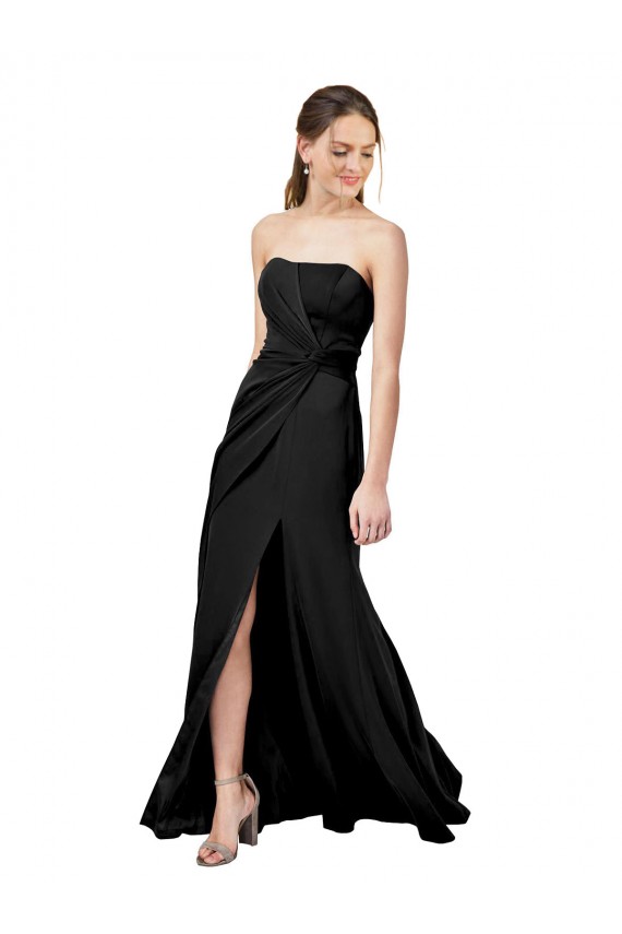 Strapless Fit and Flare Long Formal Crepe Bridesmaid Dress / Prom Dress with Knot and Slit