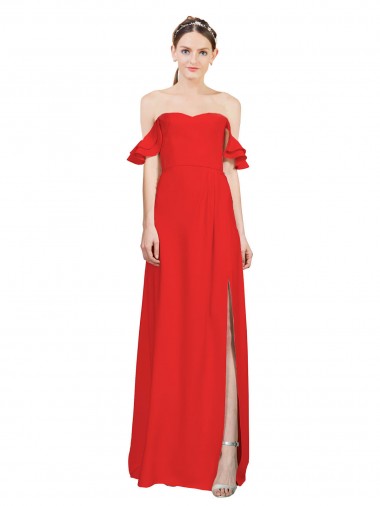 Double Ruffle Flounce Sleeves Formal Crepe Bridesmaid Dress / Prom Dress with Slit