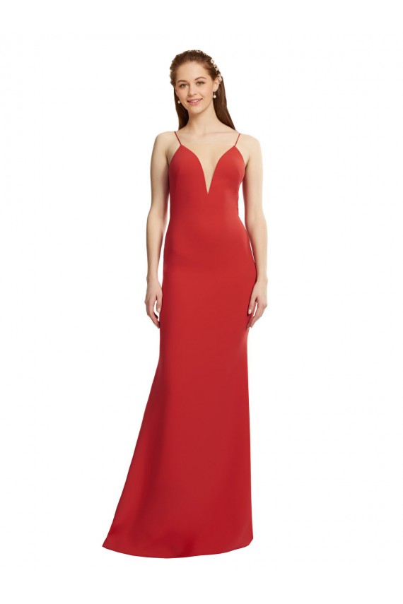 Mermaid Plunging V-Neck Formal Crepe Bridesmaid Dress / Prom Dress with Wide Open Back