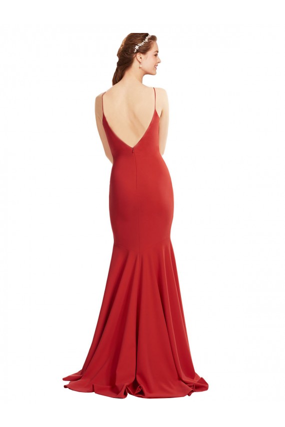 Mermaid Plunging V-Neck Formal Crepe Bridesmaid Dress / Prom Dress with Wide Open Back