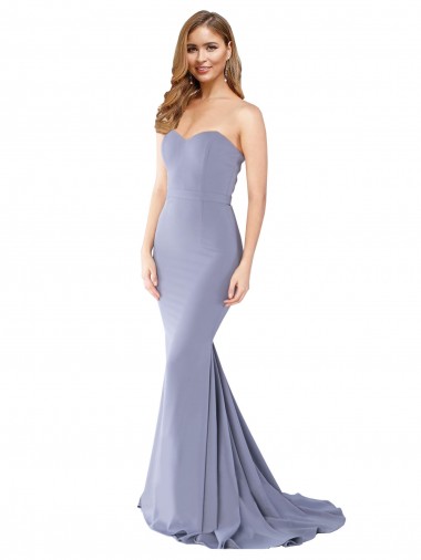 Long Strapless Sweetheart Sweep Train Formal Crepe Bridesmaid Dress / Prom Dress with Low Back