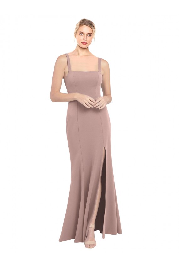 Square Neck Fit and Flare Long Stretch Crepe Bridesmaid Dress / Prom Dress with Side Slit