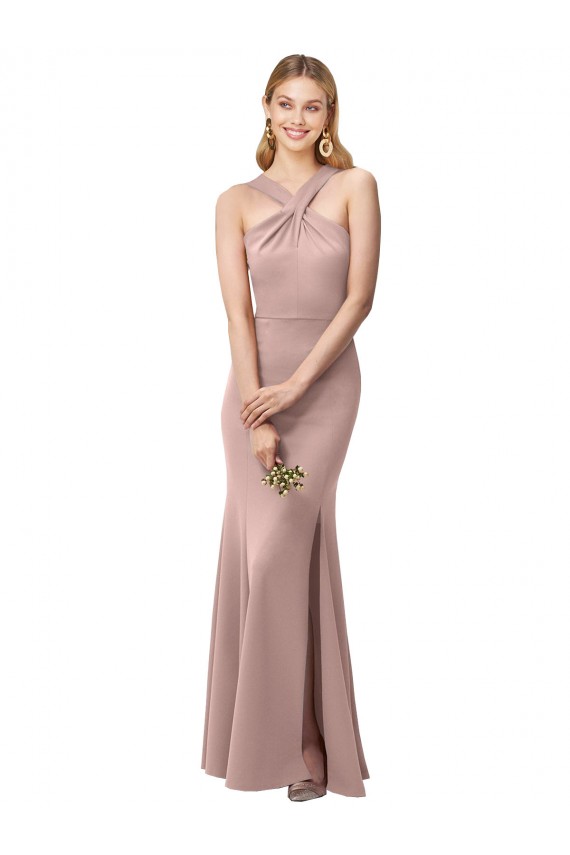 Long Floor Length High Neck Fit and Flare Stretch Crepe Bridesmaid Dress / Prom Dress with Side Slit