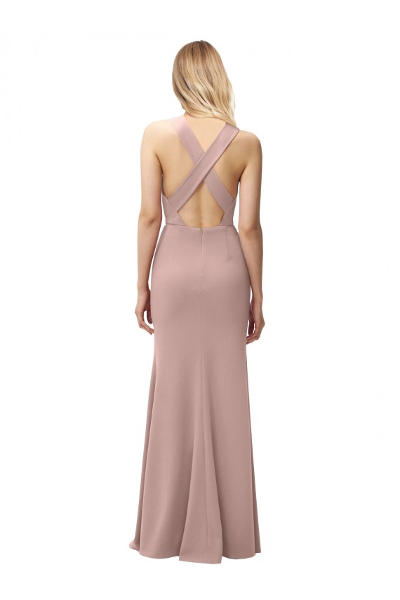 Long Floor Length High Neck Fit and Flare Stretch Crepe Bridesmaid Dress / Prom Dress with Side Slit