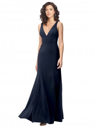 Classic V-Neck Long Stretch Formal Crepe Bridesmaid Dress / Prom Dress with V-Back