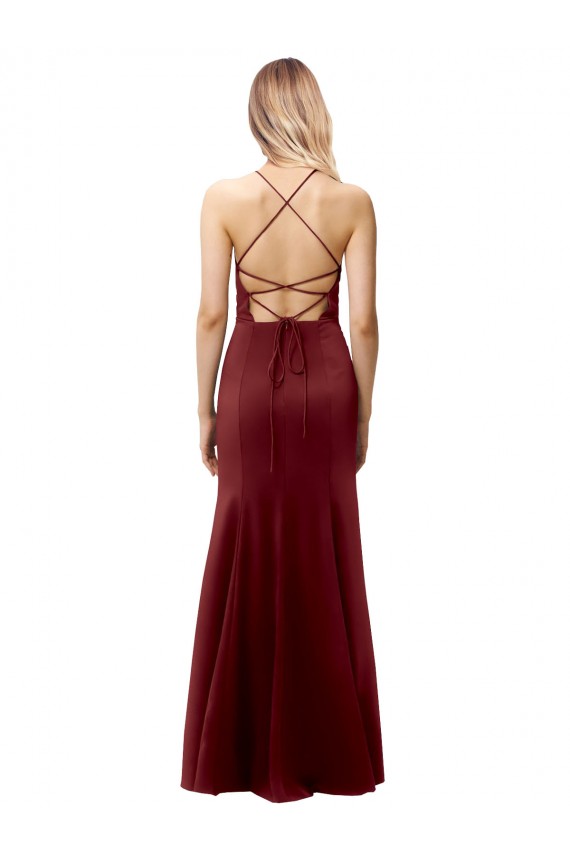 Fit and Flare Halter Neckline Stretch Formal Crepe Bridesmaid Dress / Prom Dress with Strappy Back