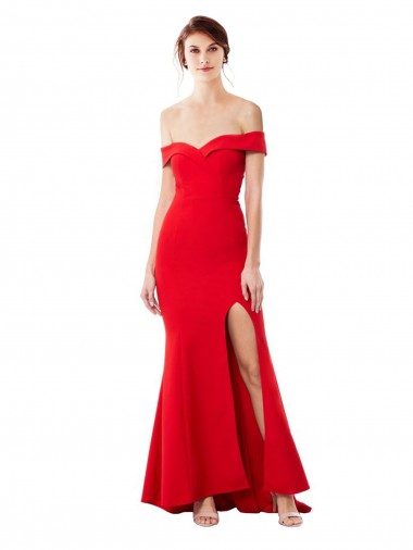 Off the Shoulder Sweetheart Maxi Formal Crepe Bridesmaid Dress / Prom Dress With Thigh Split and Train