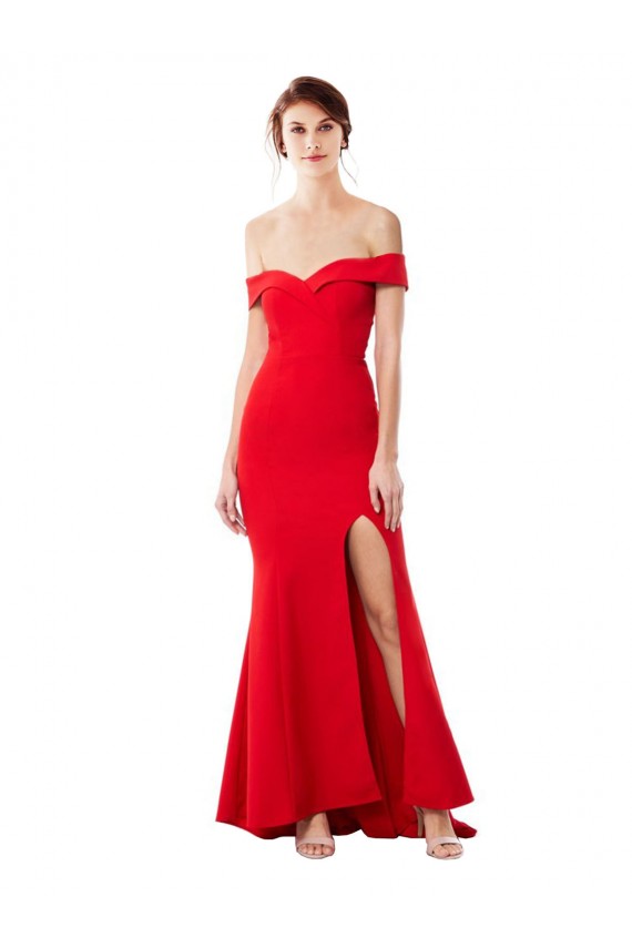 Off the Shoulder Sweetheart Maxi Formal Crepe Bridesmaid Dress / Prom Dress With Thigh Split and Train