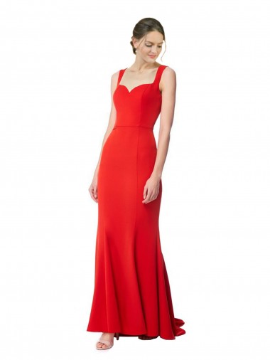 Long Chapel Train Fishtail Maxi Formal Crepe Bridesmaid Dress / Prom Dress with Sweetheart Neckline