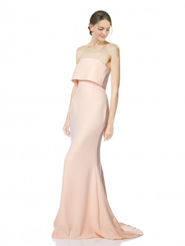 High Neck Strapless Long Formal Crepe Maxi Bridesmaid Dress / Prom Dress with Overlay