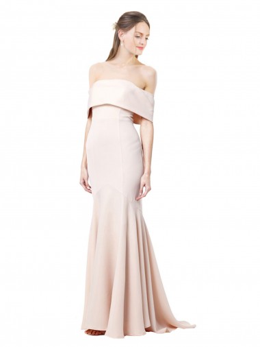 Mermaid Bardot Maxi Formal Crepe Bridesmiad Dress with Fishtail Train