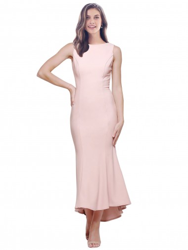 High Neck Low V-Back Cocktail Midi Length Formal Crepe Bridesmaid Dress / Prom Dress