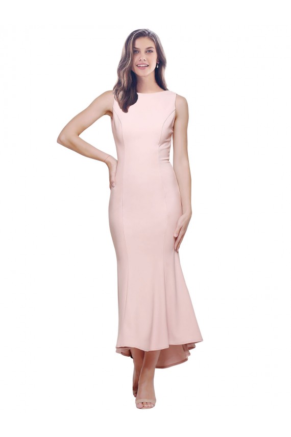 High Neck Low V-Back Cocktail Midi Length Formal Crepe Bridesmaid Dress / Prom Dress