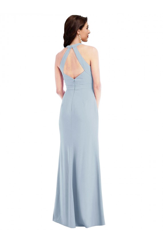 Open Back Halter Maxi Formal Crepe Bridesmaid Dress / Prom Dress with Draped Bow