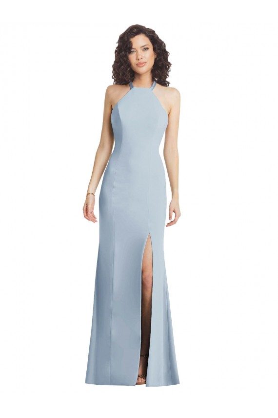 High Neck Halter Formal Crepe Bridesmaid Dress / Prom Dress with Twist Criss Cross Back