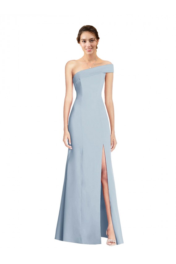 Asymmetrical Off the Shoulder Cuff Trumpet Formal Crepe Bridesmaid Dress / Prom Dress With Front Slit