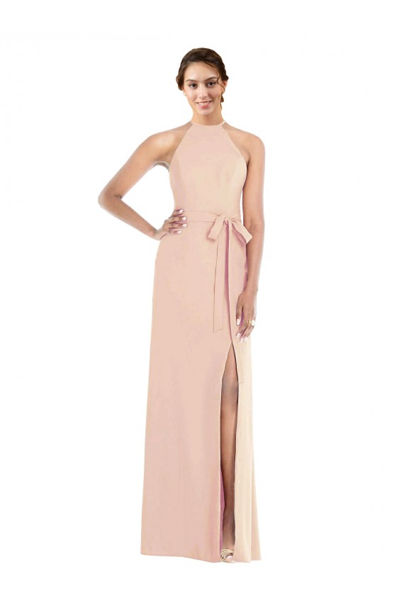 Halter Criss Cross Cutout Back Maxi Formal Crepe Bridesmaid Dress / Prom Dress