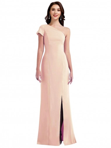 One Shoulder Cap Sleeves Trumpet Formal Crepe Bridesmaid Dress / Prom Dress with Front Slit