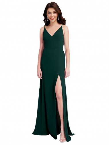 Slim A-Line V-Neck Full Length Formal Crepe Bridesmaid Dress / Prom Dress with Side Slit