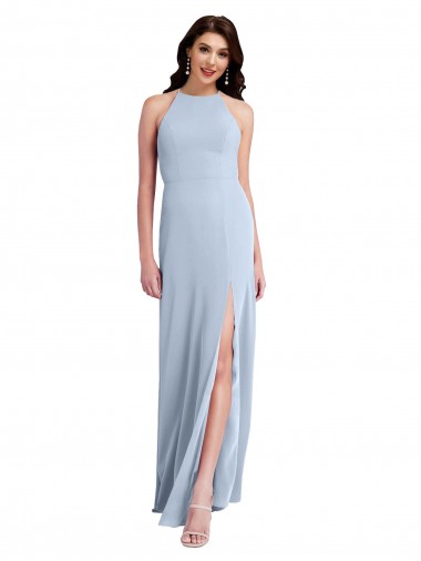 Fit and Flare High Neck Formal Crepe Bridesmaid Dress / Prom Dress with Side Slit