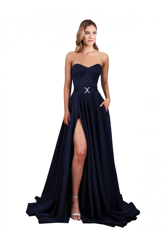 Sweetheart Neckline Low Back Long Formal Crepe Bridesmaid Dress / Prom Dress with Pockets & High Leg Spit