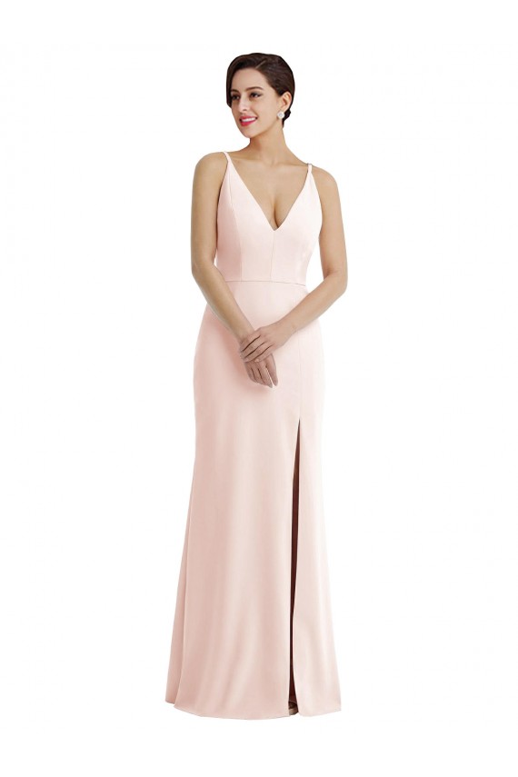 Skinny Strap Deep V-Neck Trumpet Formal Crepe Bridesmaid Dress / Prom Dress with Front Slit