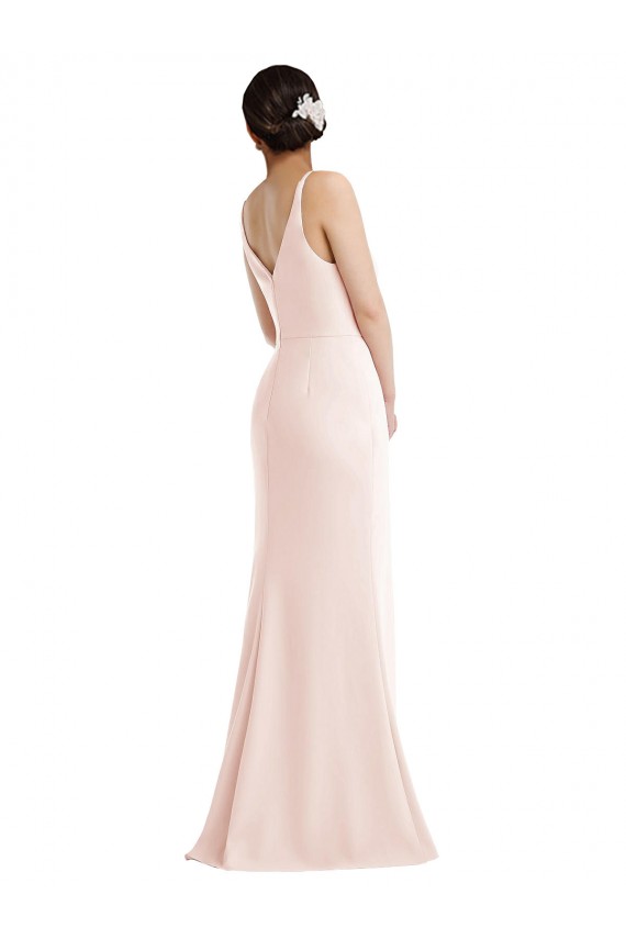 Skinny Strap Deep V-Neck Trumpet Formal Crepe Bridesmaid Dress / Prom Dress with Front Slit