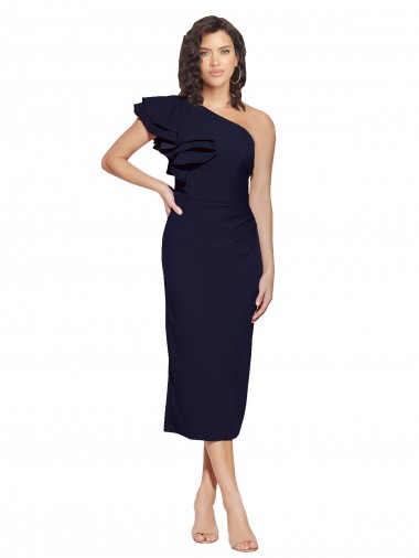 Ruched Midi Length Short Cocktail Formal Crepe Bridesmaid Dress / Prom Dress with Shoulder Ruffles