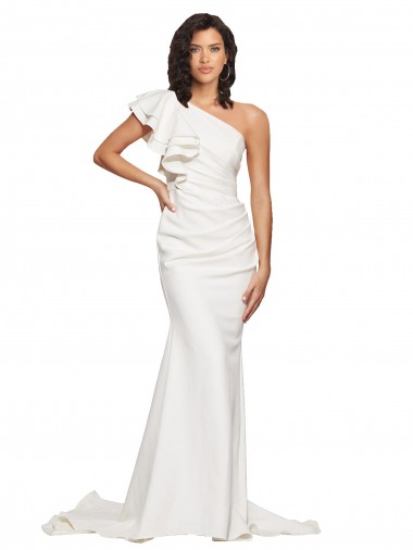 Ruched Long Sweep Train Crepe Bridesmaid Dress / Prom Dress with Shoulder Ruffles