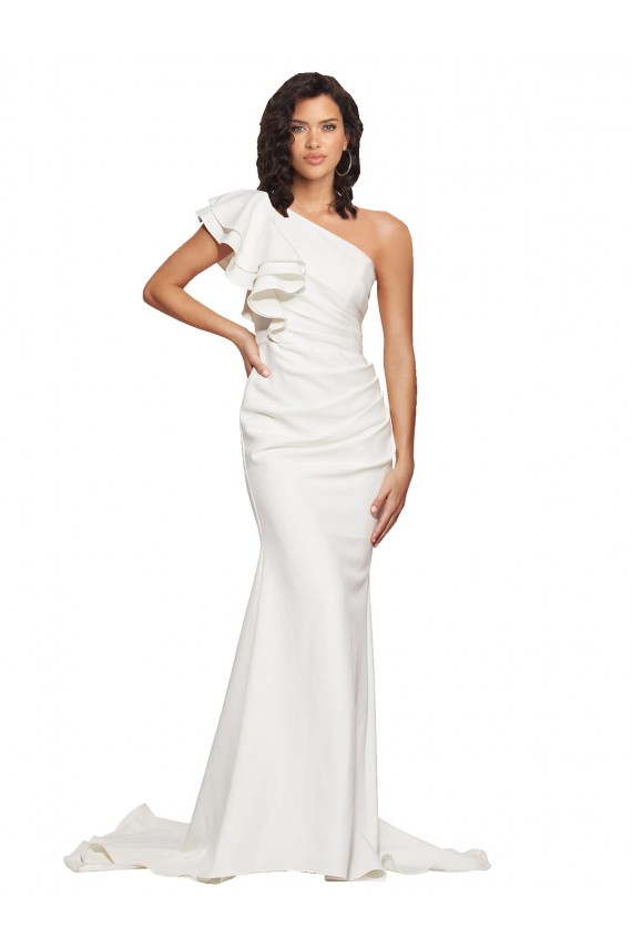 Ruched Long Sweep Train Crepe Bridesmaid Dress / Prom Dress with Shoulder Ruffles