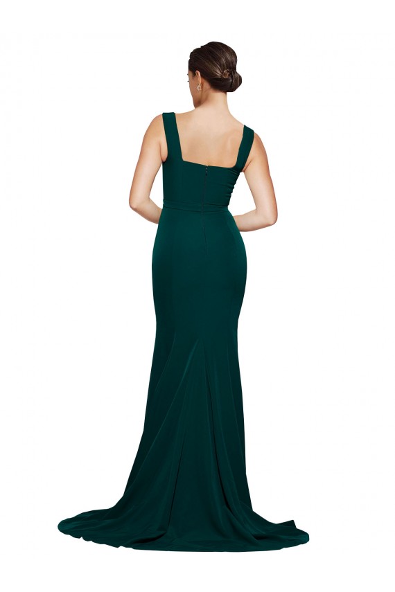 Fitted Square Neck Long Crepe Bridesmaid Dress / Prom Dress with Train and Side Split