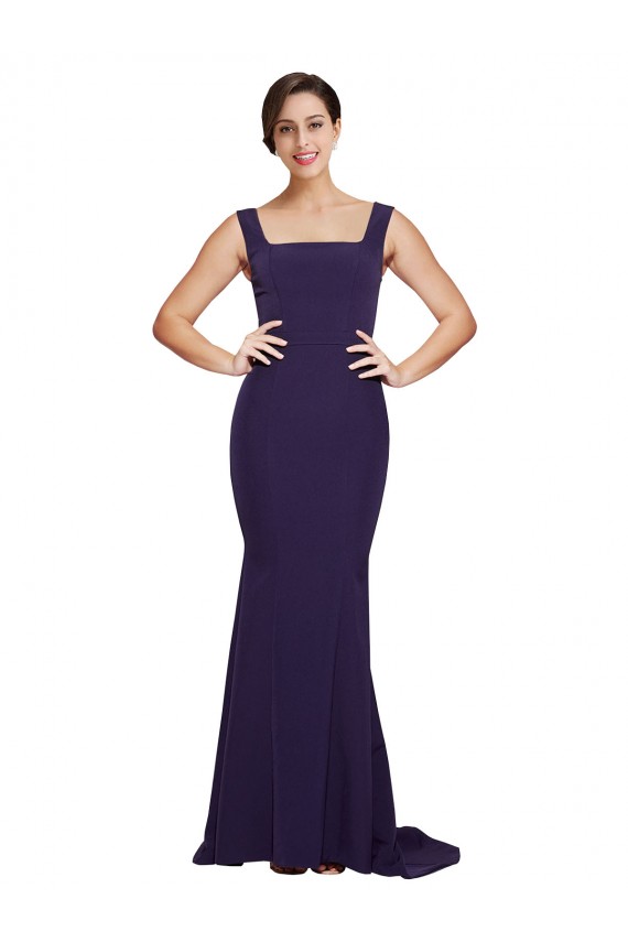 Square Neck Long Sweep Train Crepe Bridesmaid Dress / Prom Dress with Thick Straps