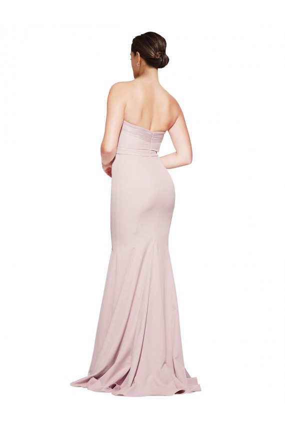 Straight Neck Long Strapless Formal Crepe Bridesmaid Dress / Prom Dress with Soft Tulle Overlay and Small Train