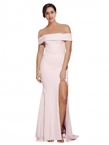 Off Shoulder Long Formal Crepe Bridesmaid Dress / Prom Dress with Straight Neckline and Side Split