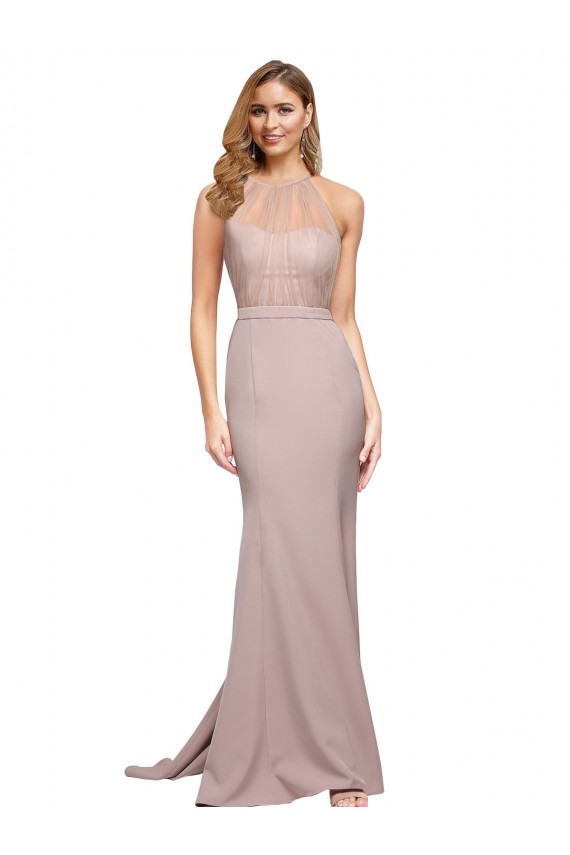 Long Sweetheart Formal Crepe Bridesmaid Dress / Prom Dress with High Neck Illusion Tulle Details