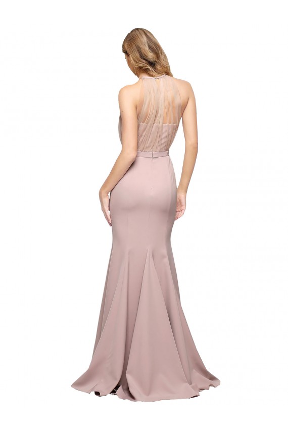 Long Sweetheart Formal Crepe Bridesmaid Dress / Prom Dress with High Neck Illusion Tulle Details