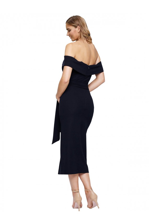 Fitted Short Cocktail Midi Length Off the Shoulder Formal Crepe Bridesmaid Dress / Prom Dress with Side Split and Waist Tie