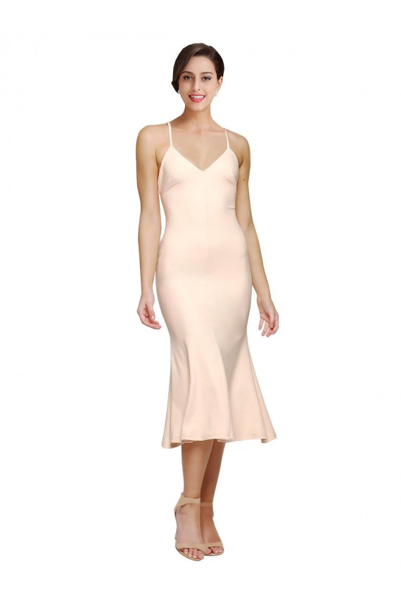 Midi Cocktail Length V-Neckline Crepe Bridesmaid Dress / Prom Dress with Thin Straps and Fulted Skirt