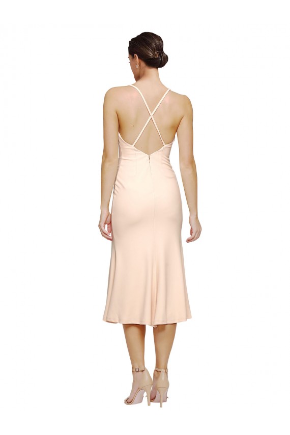 Midi Cocktail Length V-Neckline Crepe Bridesmaid Dress / Prom Dress with Thin Straps and Fulted Skirt