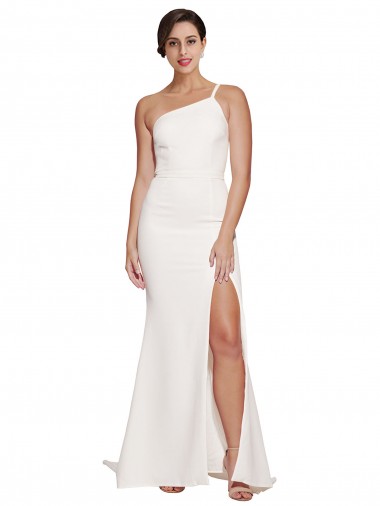 Long Sweep Train Crepe Bridesmaid Dress / Prom Dress with Side Split and One Strap