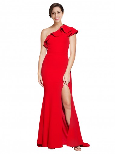 One Shoulder Long Sweep Train Crepe Bridesmaid Dress / Prom Dress with Thigh High Split