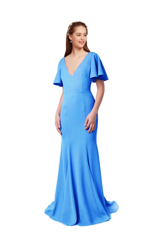 Short Sleeves Long V-Neck Crepe Bridesmaid Dress / Prom Dress with V-Back