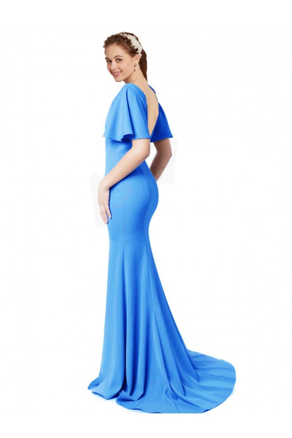 Short Sleeves Long V-Neck Crepe Bridesmaid Dress / Prom Dress with V-Back