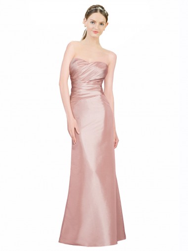 Long Strapless Formal Stretch Satin Bridesmaid Dress / Prom Dress with Pleats and Low Back