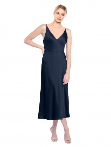 V-Neck Midi Length Short Cocktail Formal Stretch Satin Bridesmaid Dress / Prom Dress V-Back